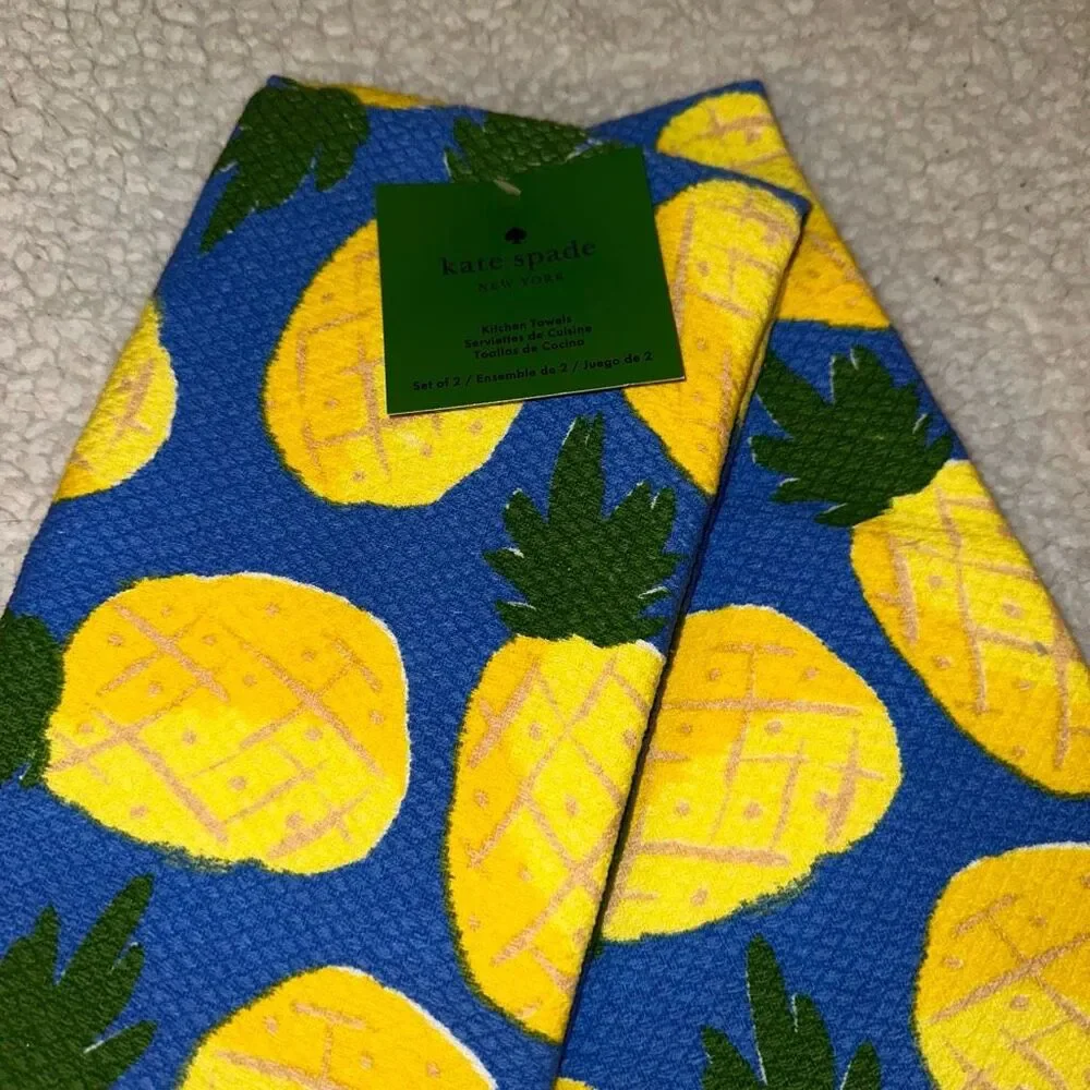 Kate Spade Kitchen Towel Set Blue Yellow Pineapple Set of 2 NWT